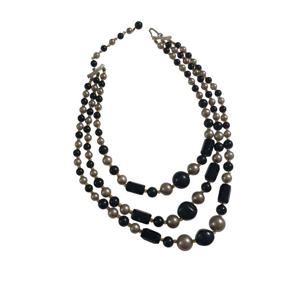 Vintage Black Gray Beaded Necklace 3 Strand Marked Japan 13 Inch Short Length - Picture 1 of 6